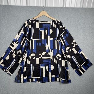 Lauren Ralph Lauren Shirt Womens Large Black Blue Silk Tunic Geometric Kimono